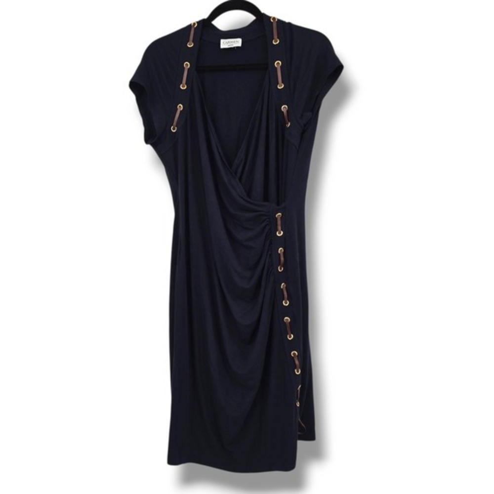 Carmen Marc Valvo Dress Sheath Faux Leather‎ Detail Ruched Bodycon XL